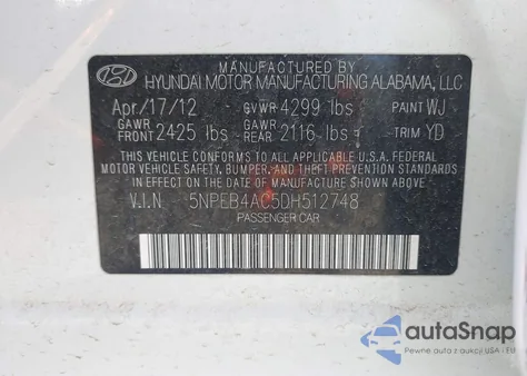 2013 Hyundai Sonata Gls z USA, uszkodzony, nr VIN 5NPEB4AC5DH512748